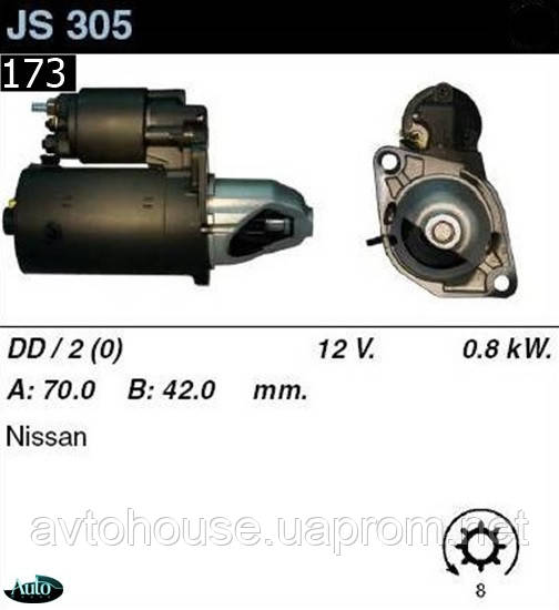 Стартер Nissan Micra Sanny Cherry 1.0 1.3 1.4 1.5 i 82-90 /0, 8кВт z8/ Не редукторний JS305