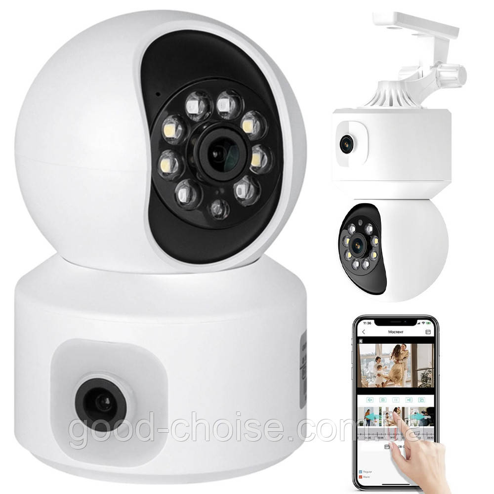 WI-FI камера відеоспостереження 4MP, 2 об'єктиви, V380 / Поворотна камера з датчиком руху / Вайфай камера, фото 1