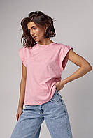 Женская базовая розовая однотонная футболка с удлиненным плечевым швом L, кэжуал