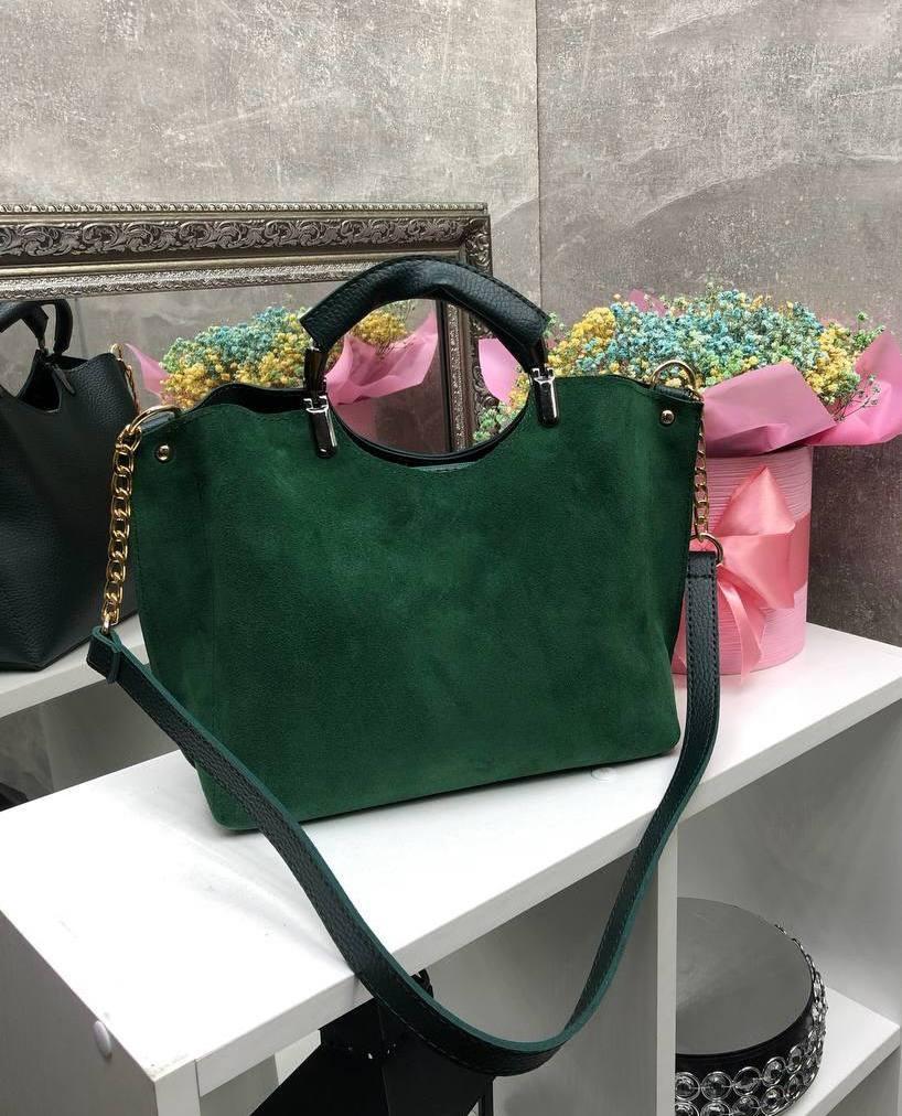 Сумка зелена замшева жіноча невелика на плече стильна натуральна замша+шкірзам