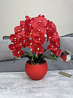 Композиція Premium із латексних червоних орхідей на 3 гілочки в круглому червоному керамічному кашпо, штучні декоративні квіти