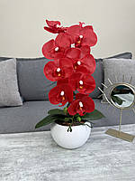 Композиція якості Premium із латексних червоних орхідей на 1 гілочку в керамічному білому матовому кашпо, штучні декоративні квіти