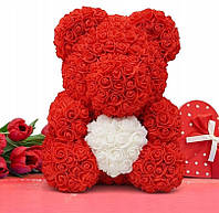 Мишка из роз Красный с белым сердцем 35 см в подарочной упаковке.