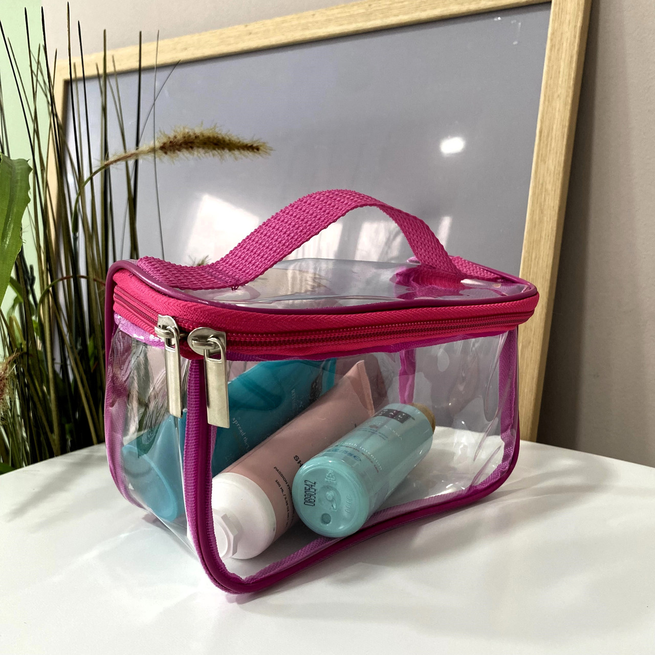 Маленькая прозрачная косметичка-чемоданчик 17*11*8 см S (розовый) - фото 2 - id-p305038098