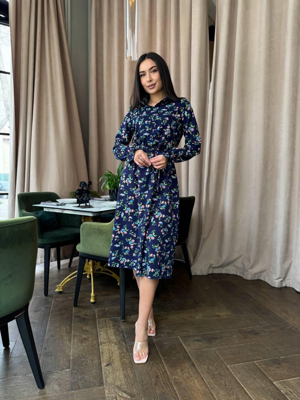 Квіткове плаття сорочка завдовжки міді з поясом (р. 42-52) 2PL5602, фото 1