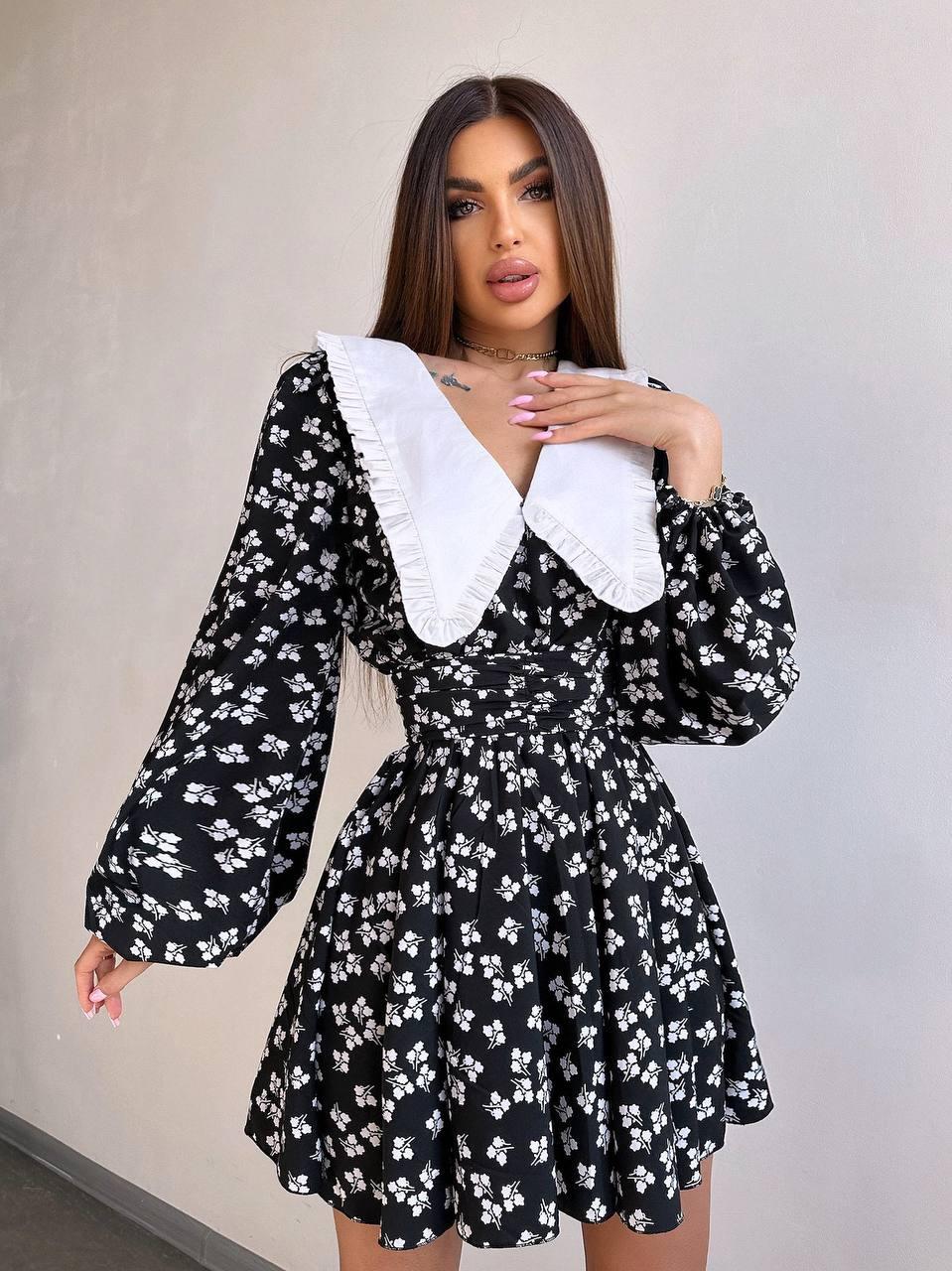 Коротке плаття у квітковий принт з білим коміром і рукавами ліхтариками (р. S, M) 66PL5604Е, фото 1