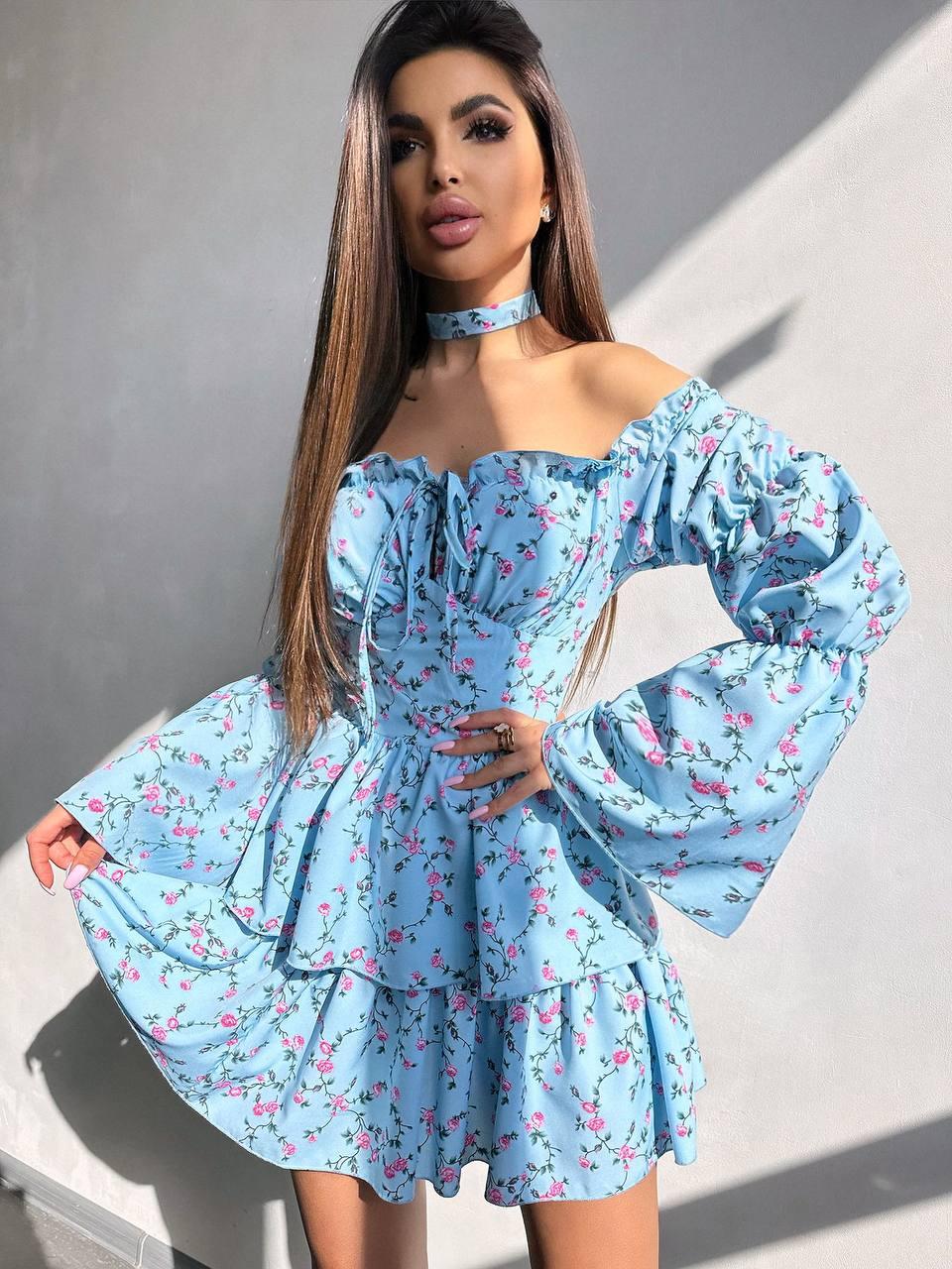 Коротке квіткове плаття з воланами на спідниці та чокером (р. S, M) 66PL5605Е, фото 1