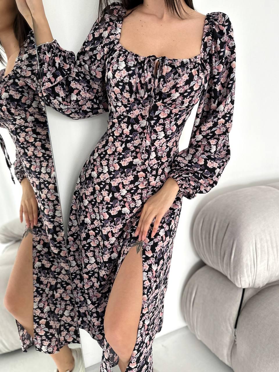 Квіткове міді плаття зі шнурівкою на спині та рукавами ліхтариками (р. 42-48) 55PL5613, фото 1