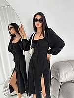 Платье миди со шнуровкой на спине и рукавами фонариками (р. 42-48) 55PL5614 Черный, 42/44