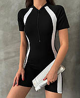 Короткий спортивный комбинезон женский с молнией на груди и контрастными вставками (р. 40-46) 6KO3614
