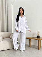 Стильний легкий літній брючний прогулянковий костюм жіночий однотонний двійка штани з сорочкою тканина креп жатка