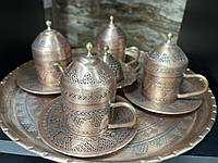 Медный ручная работа Турецкий набор для подача кава с туркой (2 чашка+ 1 поднос+ 1 сахарнице+ 1 турка