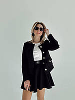 Женский весенний трикотажный костюм жакет на пуговицах с расклешенной юбкой размеры S-XL Черный, L-XL