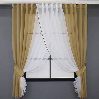 Кухонні шторки (400х170см.) з підв'язками. Колір темно-бежевий з білим. Код 096к 52-0741