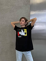Жіноча оверсайз, подовжена турецька футболка з великим принтом. Котонова базова футболка з міккі маусом
