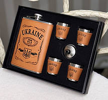 😎Подарунковий набір Ukraine з гербом 6в1 фляга, 4 чарки, лійка, обтягнуті шкірою Коричневий