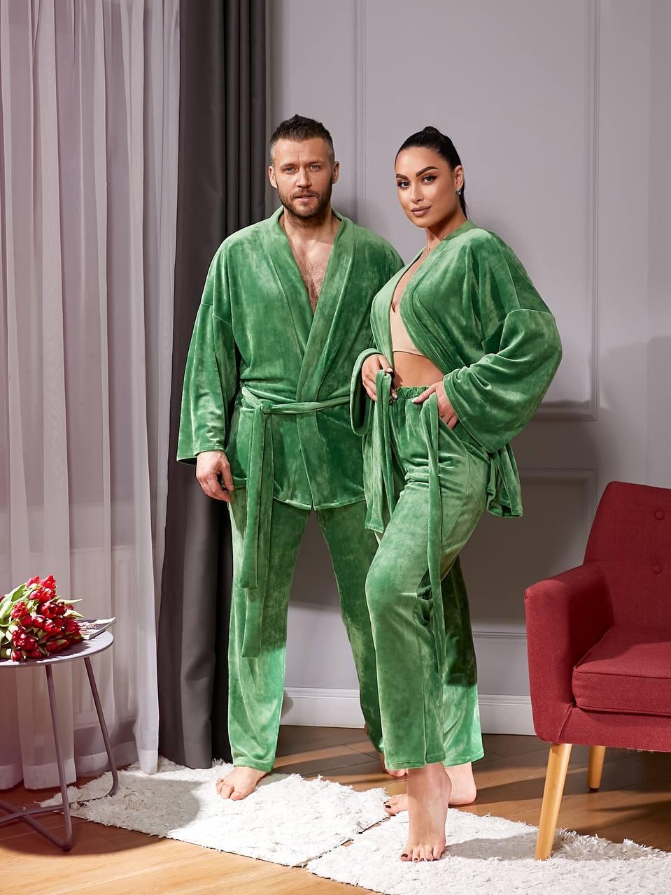 Парний костюм домашній кімоно і штани з королівського велюру в стилі family look жіночий чоловічий, фото 1