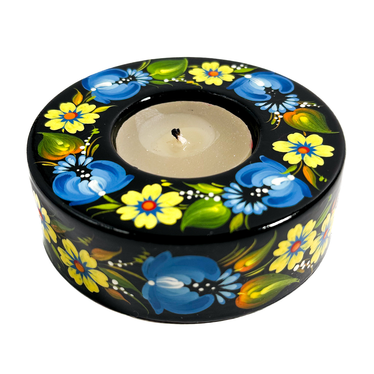 Підсвічник дерев'яний Петриківський розпис ручна робота 3x9 см ЖОВТО-БЛАКИТНИЙ ВІНОЧОК Український сувенір, фото 1