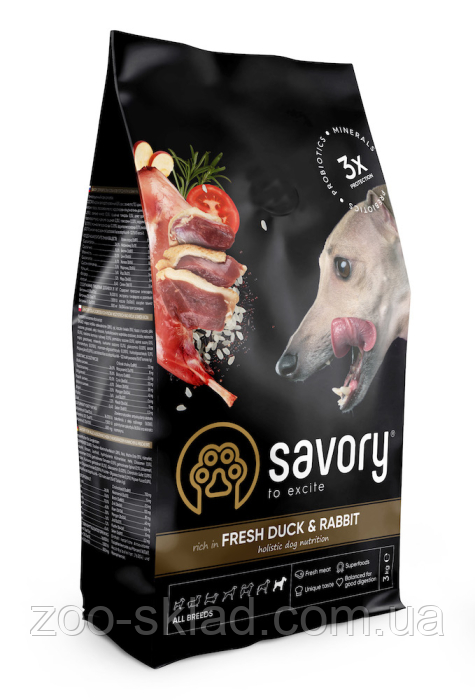 Сухий корм для усіх порід собак Savory Adult All Breeds rich in Fresh Duck & Rabbit 12 кг качка та індичка