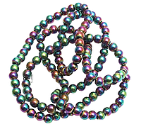 Натуральный камень, Гематит, бусины на нитке, размер бусин 4 мм, цвет зеленый с фиолетовым
