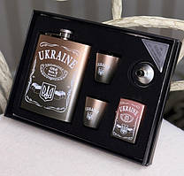 😎Подарунковий набір Moongrass Ukraine з тризубом 5в1 фляга, 2 чарки, запальничка, лійка, Коричневий
