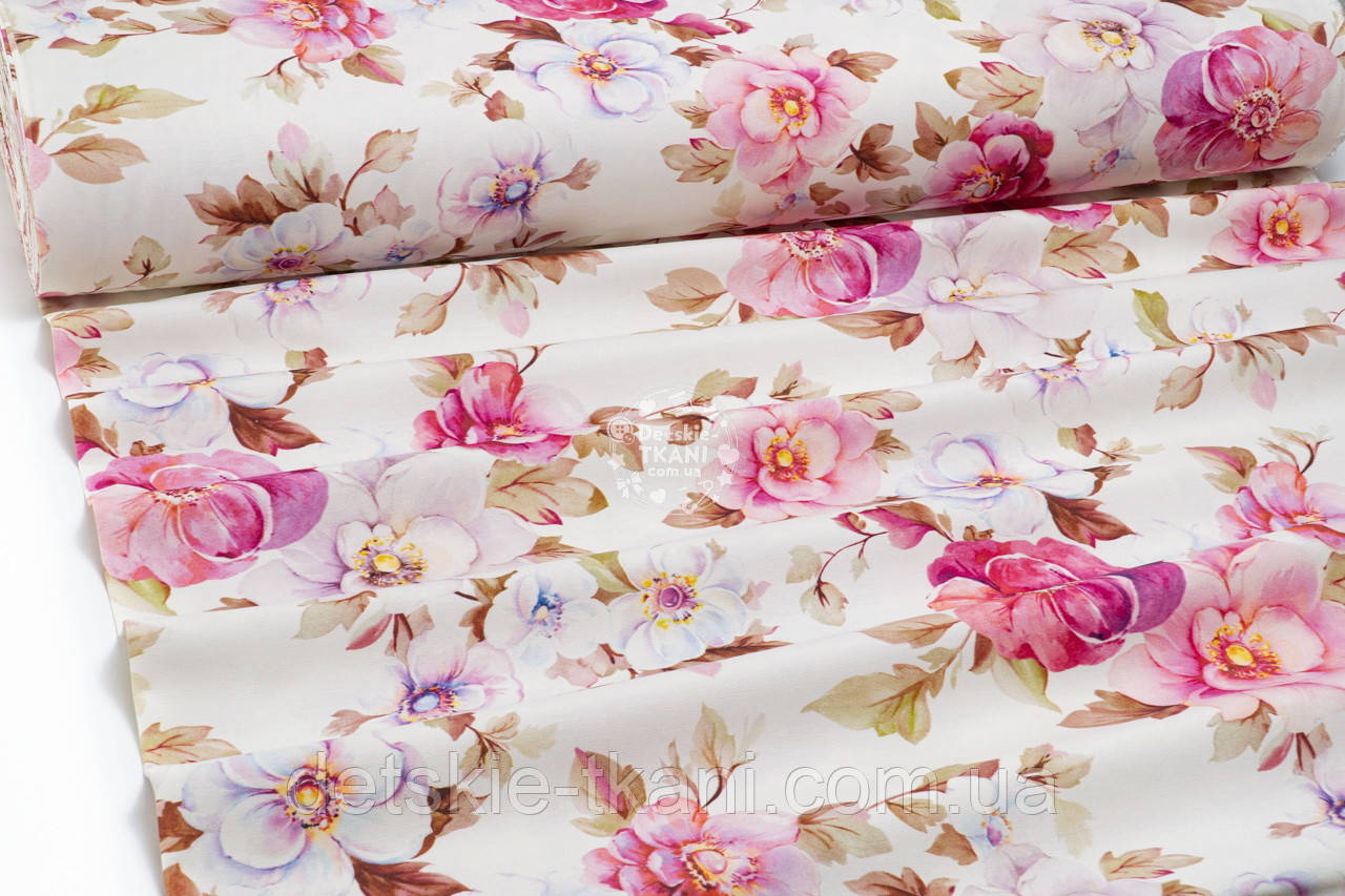 Тканина Duck digital "Рожева шипшина на молочному тлі", фото 1