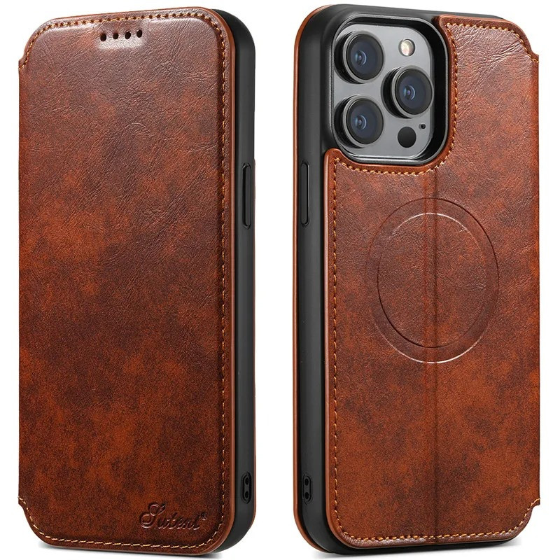 Чохол-книжка Suteni Magsafe Leather Case для Apple iPhone 15 Pro Brown
