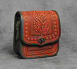 Жіноча шкіряна сумка ручної роботи з тисненим орнаментом «Дубок», рудо-оливкова сумка з натуральної шкіри, 20*21*8 см, фото 3