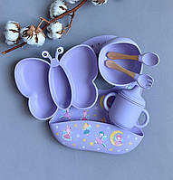 Детский набор силиконовой посуды для первого прикорма  для девочки фиолетовый  на присосках  Бабочка