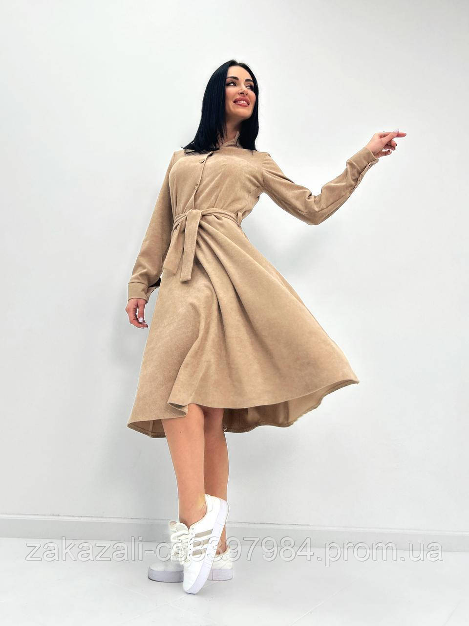🔸 Жіноче Модне Вельветове Плаття весняне міді, на гудзиках, з поясом, однотонне, довгий рукав | Батал, фото 1
