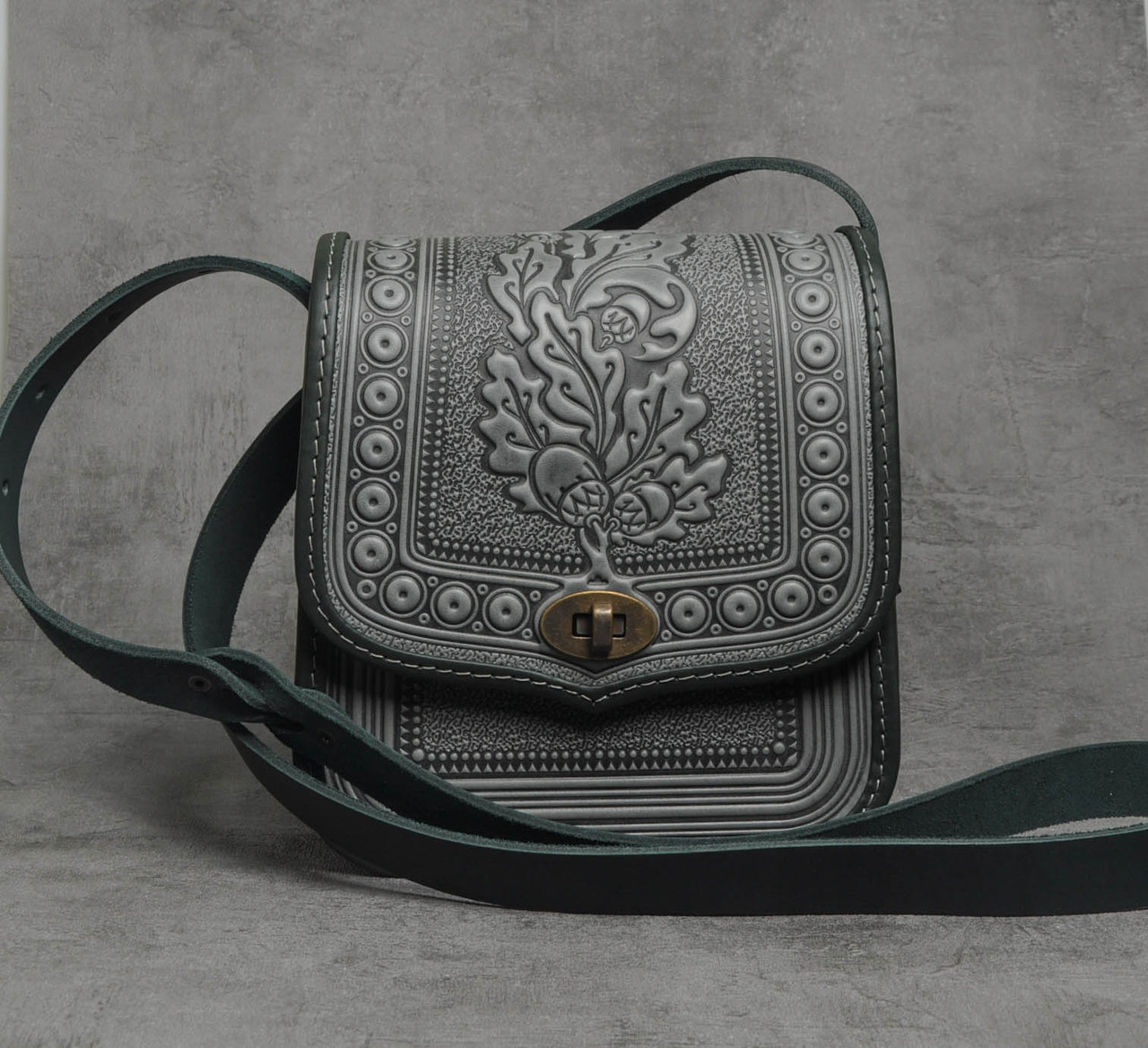 Жіноча шкіряна сумка ручної роботи (метод гарячого тиснення), сіра шкіряна сумка, фото 1