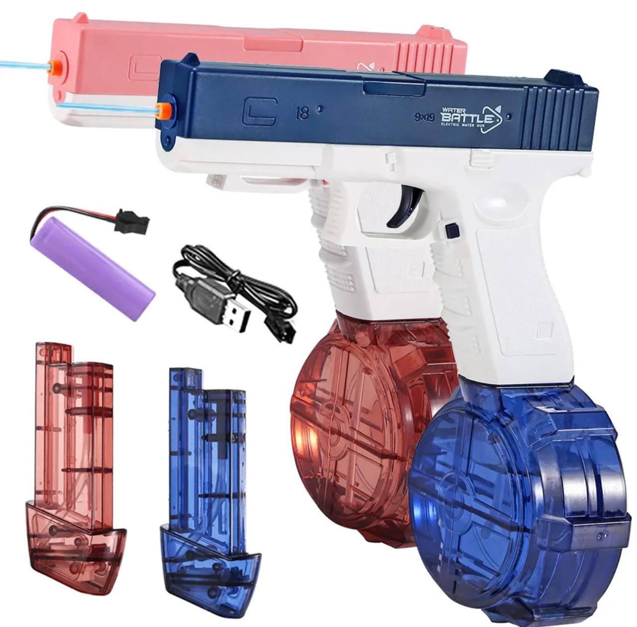 Водний Пістолет Електричний Глонок Дитячий Акумуляторний + Дві обойми Glock 18 Синій, розовий