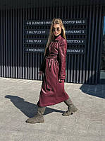 Жіноче демісезонне пальто-тренч на запах із поясом на підкладці з еко шкіри високої якості бордовый, S-M