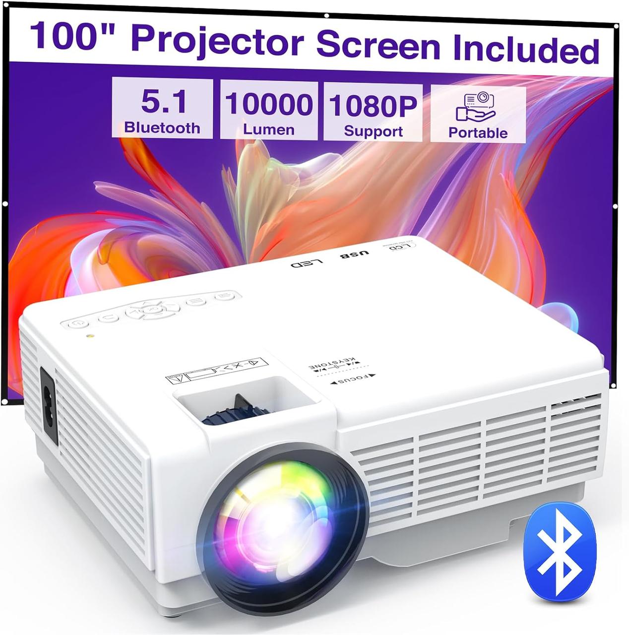 Портативний міні-проектор з екраном, YOOYAA Bluetooth-проектор Full HD 1080P 10000L, мультимедійний відеопроектор для домашнього