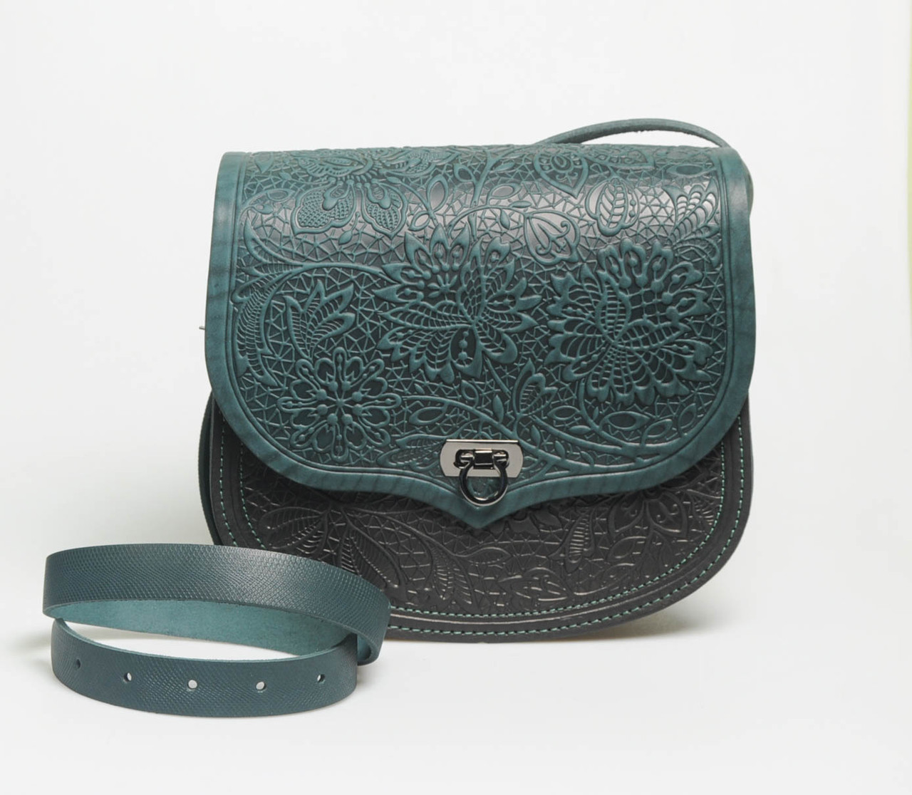 Жіноча шкіряна сумка ручної роботи з тисненим орнаментом «Квітка», зелено-чорного кольору , 23*26*10 см, фото 1