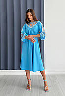 Платье женское голубое нарядное меди с кружевом