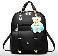 Женский городской рюкзак сумка 2 в 1 с брелком мишкой Рюкзачок сумочка женская для девушек Черный(VS)