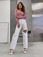 Женские прямые белые джинсы рваные с вырезом на колене рр. 25 - 32