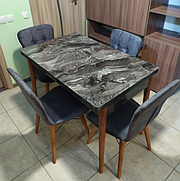 Обеденный стеклянный раздвижной комплект Космос стол и 4 стула ,мраморный черный серый,ножки бук