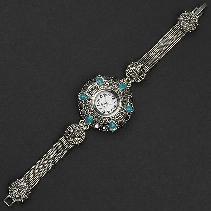Женские часы круглые винтажные кварцевые бижутерный сплав металл в серебристом цвете с стразами длина 19 см, фото 2