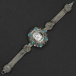 Женские часы круглые винтажные кварцевые бижутерный сплав металл в серебристом цвете с стразами длина 19 см