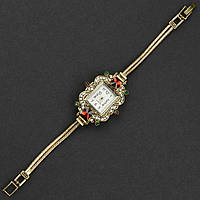 Женские часы квадратные кварцевые винтажные бижутерный сплав металл в золотистом цвете с камушками длина 19 см