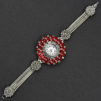 Женские часы круглые кварцевые винтажные металл в серебристом цвете с красными камушками стразами длина 19 см