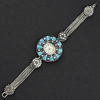 Женские часы круглые винтажные кварцевые в серебристом цвете с белыми кристаллами и бирюзой длина 19 см