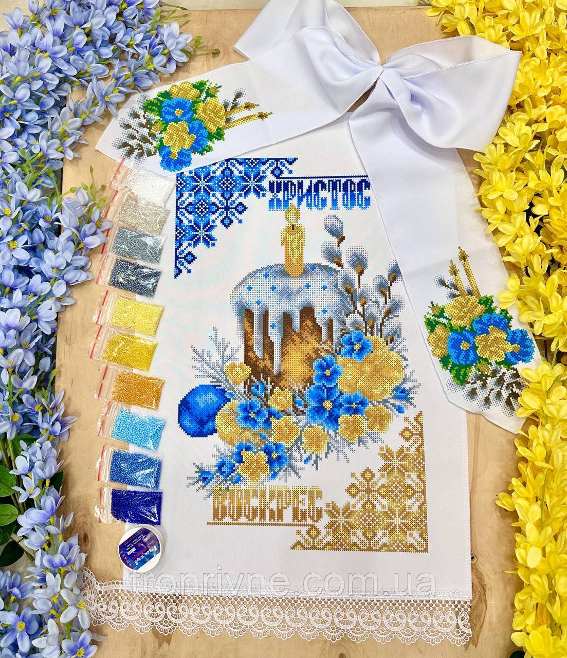 Набір для вишивання бісером Великодній рушник 30х45 см і бант 12х140 см + бісер + Мереживо + нитка + голка. Габардин