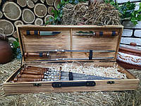 Набір із 6 шампурів для м'яса (630х10х3 мм) + комплект аксесуарів у дерев'яному кейсі