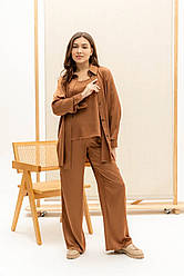 Шовкова сорочка жіноча з довгим рукавом класична довга з розрізом по боках коричнева