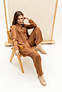 Шовкова сорочка жіноча з довгим рукавом класична довга з розрізом по боках коричнева, фото 4