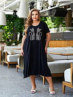 Жіноча літня чорна сукня довга великого розміру 48-64 віскоза з коротким рукавом зі стразами