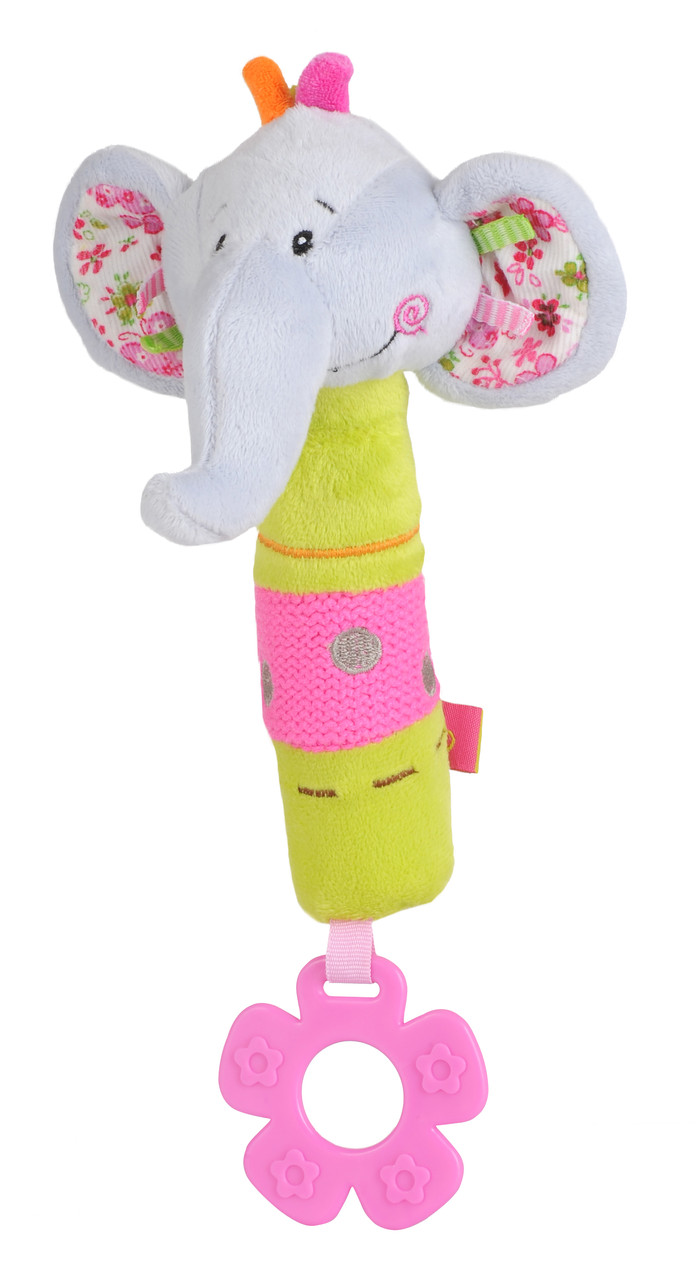 Іграшка пищалка з прорізувачем для малюків "Слоник" BabyOno 27 см Рожевий+Зелений